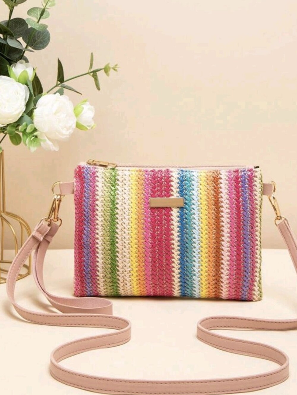 PRIDE Striped Multicolor Woven Crossbody Bag - Pink Accent